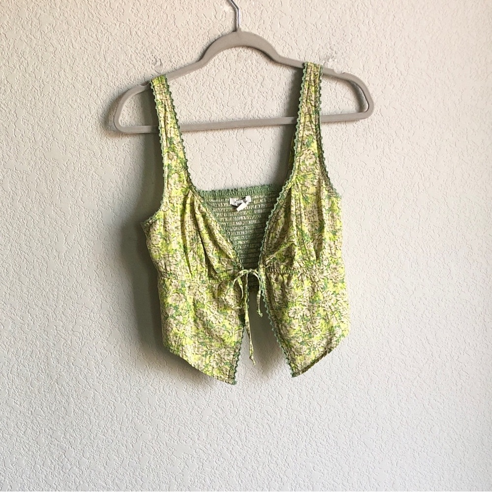 American Eagle Floral Tie Front Crop Top Green Yellow Cotton Linen Layering